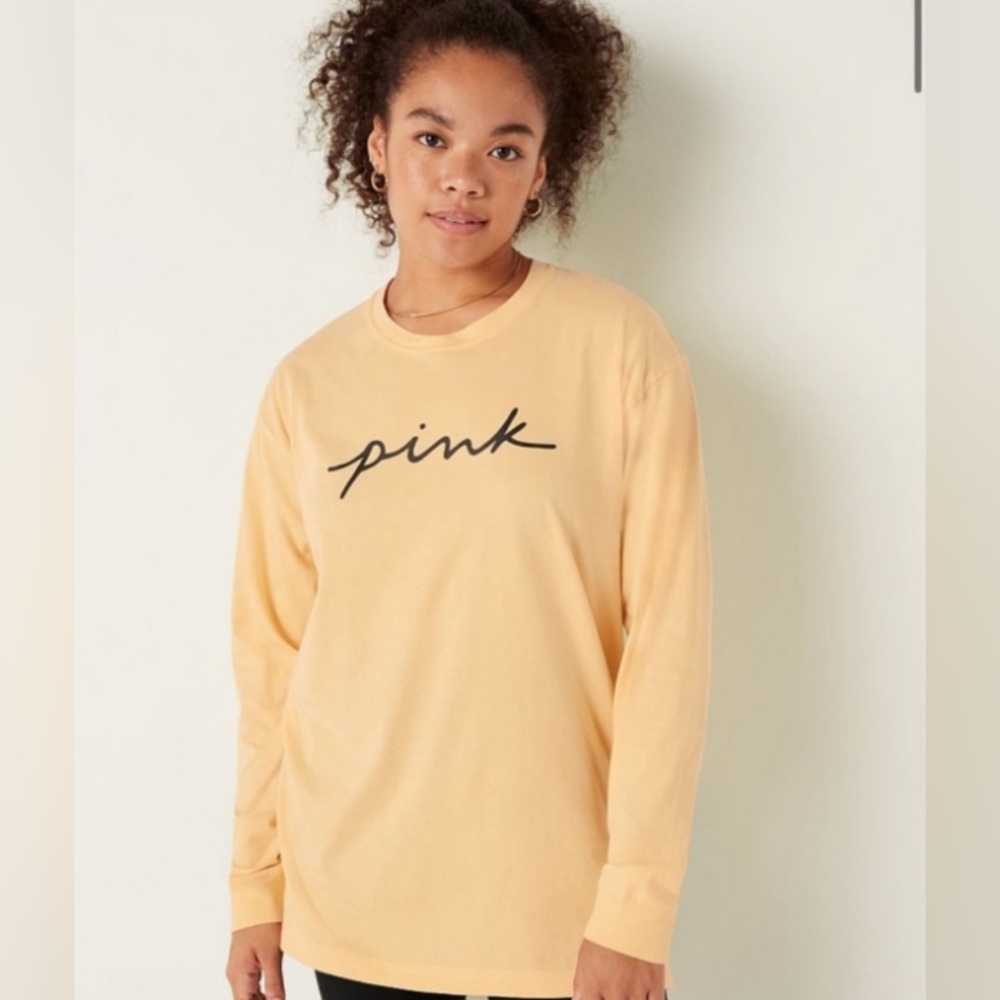 PINK VS Long Sleeve Crew Neck Campus Tee Shirt Honeycomb Yellow